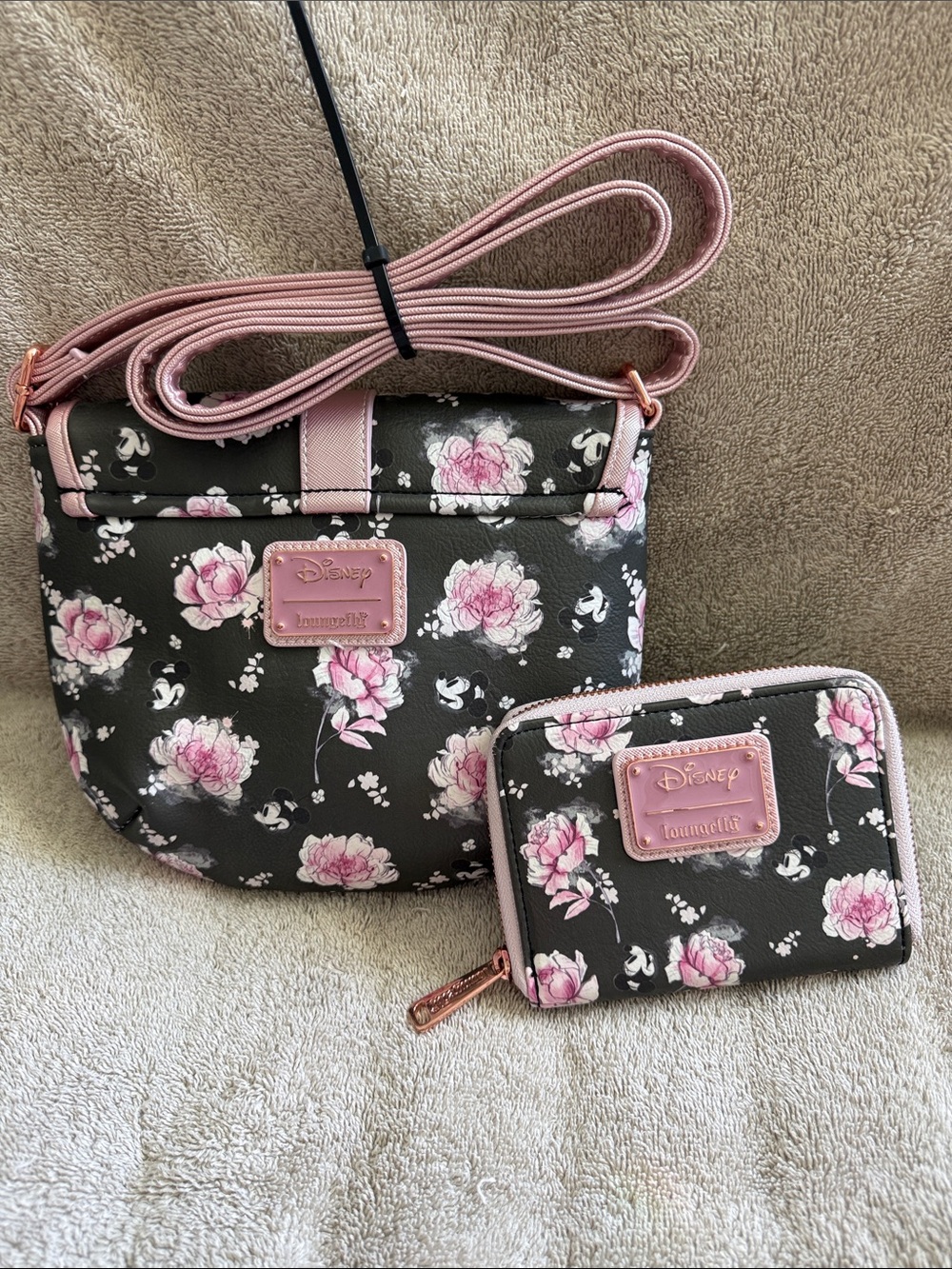 Loungefly Black Crossbody Bag and Matching Pink Floral Wallet